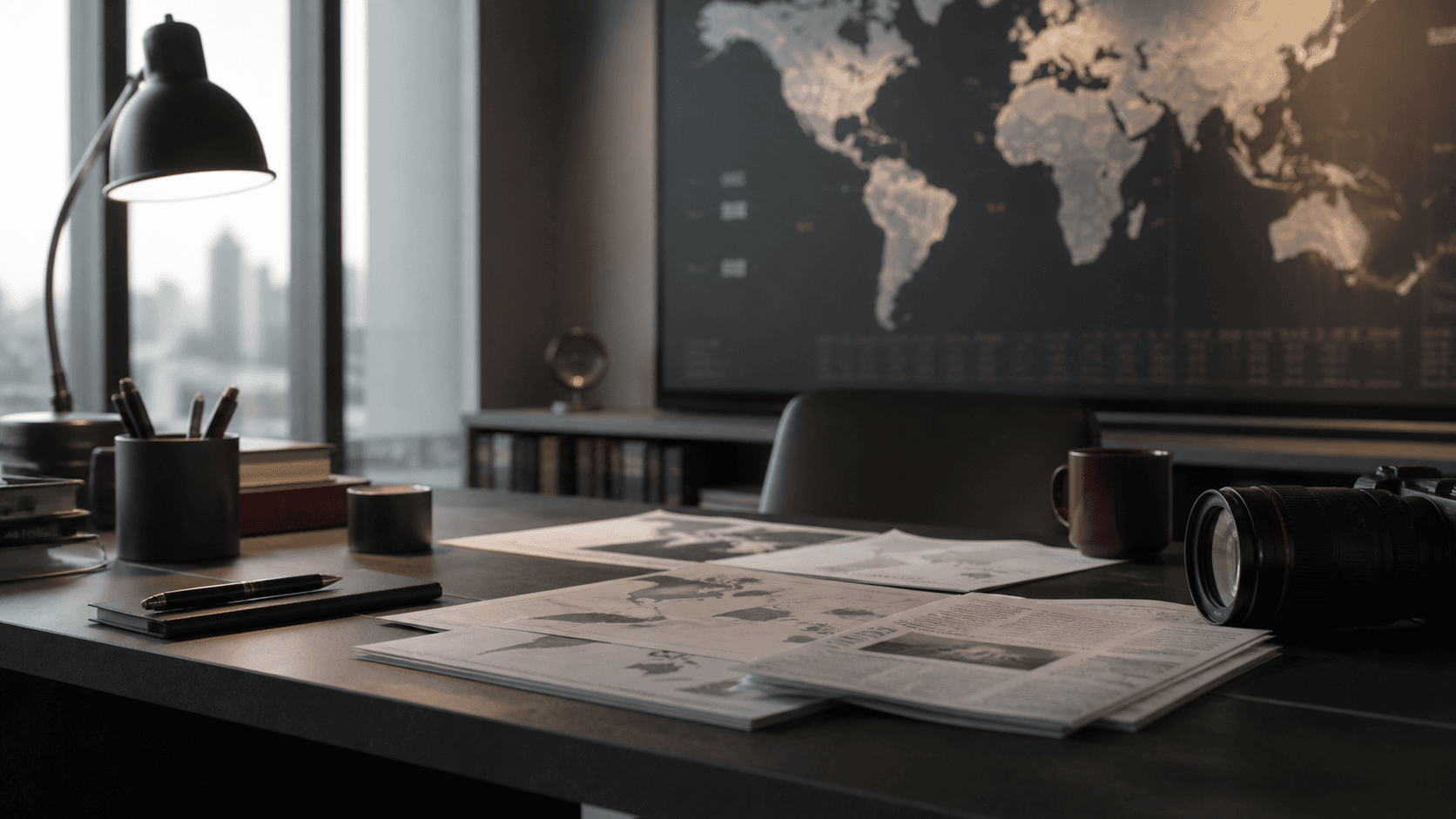 Editorial newsroom desk with world map