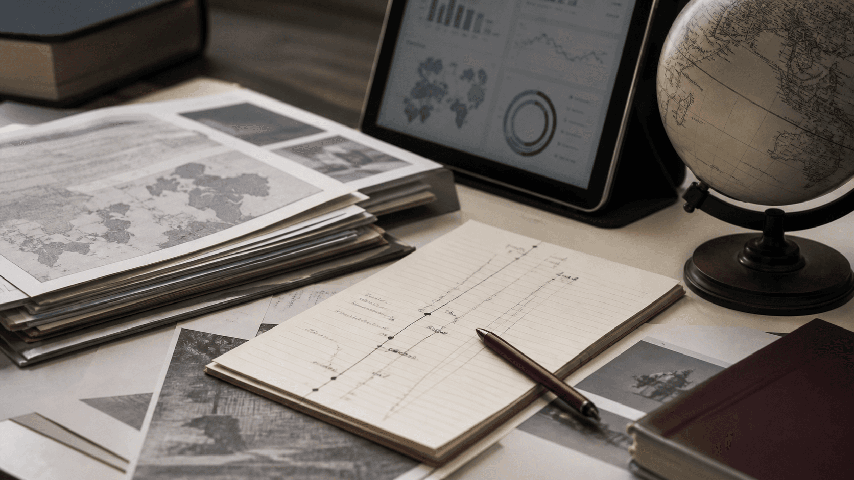 Dossier desk with timeline notes