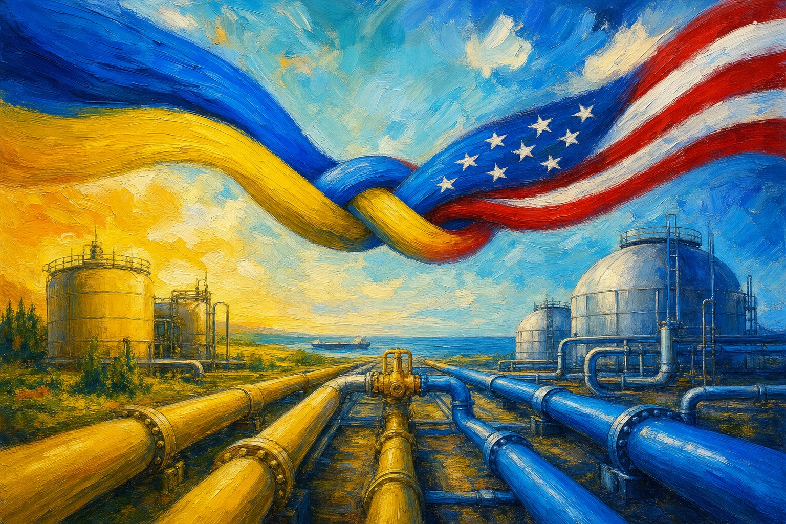 Редакційна AI-ілюстрація енергетичної співпраці України та США: газова інфраструктура і символічні кольорові стрічки.